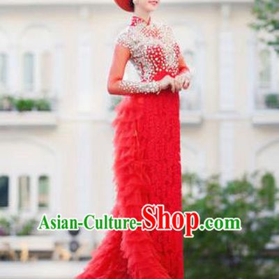 Top Grade Asian Vietnamese Traditional Dress, Vietnam Bride Ao Dai Dress, Vietnam Princess Wedding Veil Dress Red Cheongsam Clothing for Women