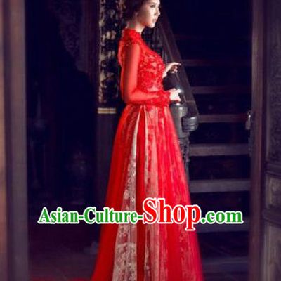 Top Grade Asian Vietnamese Traditional Dress, Vietnam Bride Ao Dai Dress, Vietnam Princess Wedding Lace Veil Dress Red Cheongsam Clothing for Women