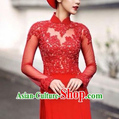 Top Grade Asian Vietnamese Traditional Dress, Vietnam Bride Ao Dai Dress, Vietnam Princess Wedding Lace Dress Red Cheongsam Clothing for Women