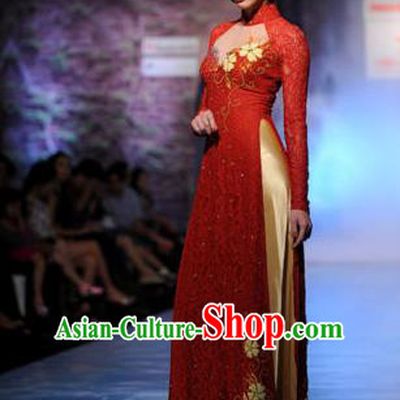 Top Grade Asian Vietnamese Traditional Dress, Vietnam Bride Ao Dai Dress, Vietnam Princess Wedding Lace Red Dress Cheongsam Clothing for Women