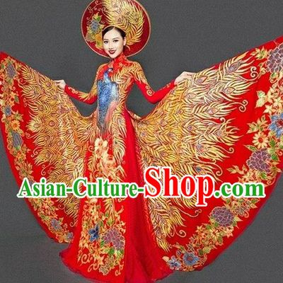 Top Grade Asian Vietnamese Traditional Dress, Vietnam Bride Ao Dai Dress, Vietnam Princess Wedding Hand Painting Phoenix Dress Cheongsam Clothing for Women