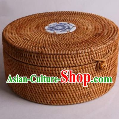 Top Asian Vietnamese Traditional Rattan Plaited Articles, Vietnam Blue and White Porcelain Tea Caddy Handicraft Canister