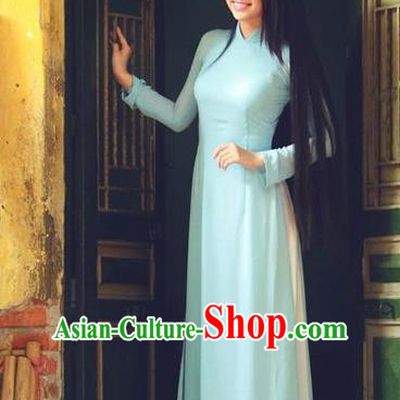 Top Grade Asian Vietnamese Traditional Dress, Vietnam Bride Ao Dai Dress, Vietnam Princess Wedding Blue Silk Dress and Loose Pants Cheongsam Clothing for Women