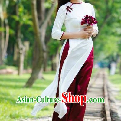 Top Grade Asian Vietnamese Traditional Dress, Vietnam Bride Ao Dai Dress, Vietnam Princess Wedding White Silk Dress and Loose Pants Cheongsam Clothing for Women