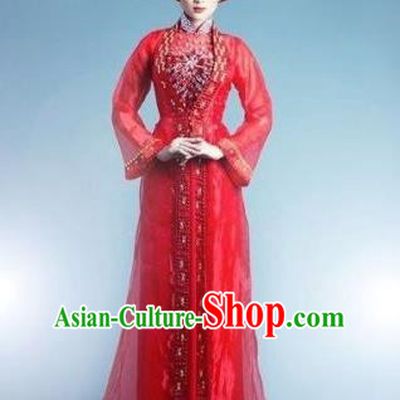 Top Grade Asian Vietnamese Traditional Dress, Vietnam Bride Ao Dai Dress, Vietnam Princess Wedding Red Veil Full Dress Cheongsam Clothing for Women