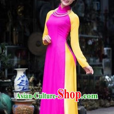 Top Grade Asian Vietnamese Traditional Dress, Vietnam Ao Dai Dress, Vietnam Princess Rose Silk Full Dress and Pants Cheongsam Clothing for Women