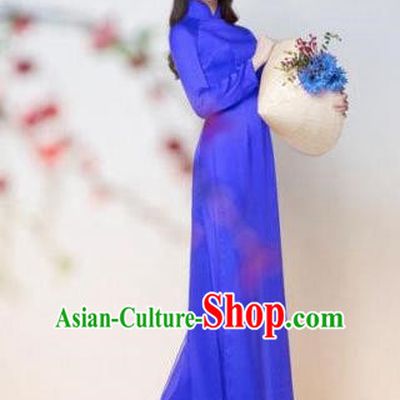 Top Grade Asian Vietnamese Traditional Dress, Vietnam Ao Dai Dress, Vietnam Princess Silk Blue Dress and Pants Hat Complete Set Cheongsam Clothing for Women