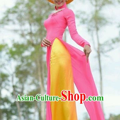 Top Grade Asian Vietnamese Traditional Dress, Vietnam Ao Dai Dress, Vietnam Princess Silk Pink Dress and Pants Hat Complete Set Cheongsam Clothing for Women