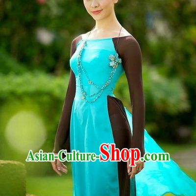 Top Grade Asian Vietnamese Traditional Dress, Vietnam National Ao Dai Dress, Vietnam Princess Silk Blue Dress and Pants Complete Set Cheongsam Clothing for Women