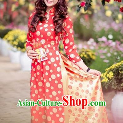 Top Grade Asian Vietnamese Traditional Dress, Vietnam National Ao Dai Dress, Vietnam Princess Silk Red Dress and Pants Hats Complete Set Cheongsam Clothing for Women