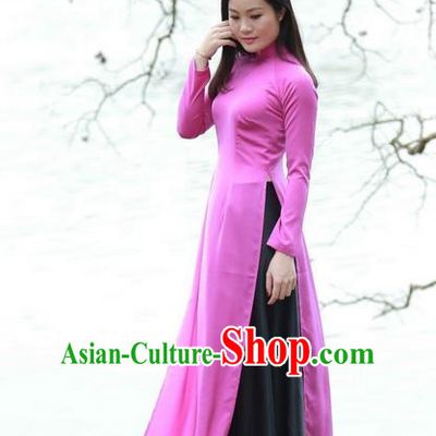 Top Grade Asian Vietnamese Traditional Dress, Vietnam National Ao Dai Dress, Vietnam Princess Rose Dress and Pants Complete Set Cheongsam Clothing for Women