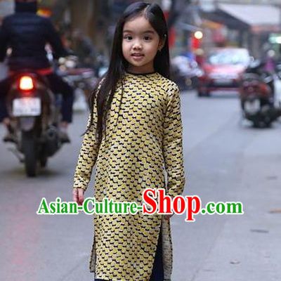 Top Grade Asian Vietnamese Traditional Dress, Vietnam National Children Ao Dai Dress, Vietnam Girls Golden Dress Cheongsam Clothing for Kids