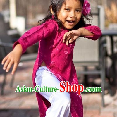 Top Grade Asian Vietnamese Traditional Dress, Vietnam National Children Ao Dai Dress, Vietnam Girls Rose Dress Cheongsam Clothing for Kids