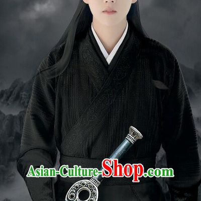 Chinese Ancient Tang Dynasty Swordsman Costume and Headpiece Complete Set, Fighter of the Destiny Traditional Chinese Ancient Kawaler Master Black Clothing for Men