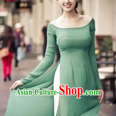 Top Grade Asian Vietnamese Traditional Dress, Vietnam National Dowager Ao Dai Dress, Vietnam Green Dress and Pants Complete Set Cheongsam Clothing for Woman
