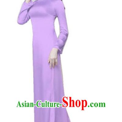 Top Grade Asian Vietnamese Traditional Dress, Vietnam National Dowager Ao Dai Dress, Vietnam Purple Silk Cheongsam Dress and Pants Complete Set for Woman