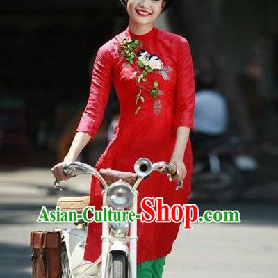 Top Grade Asian Vietnamese Traditional Dress, Vietnam National Female Ao Dai Dress, Vietnam Princess Red Cheongsam and Pants Wedding Clothing for Women