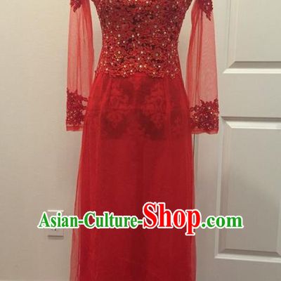 Top Grade Asian Vietnamese Traditional Dress, Vietnam National Female Ao Dai Dress, Vietnam Bride Red Lace Cheongsam Wedding Clothing for Women