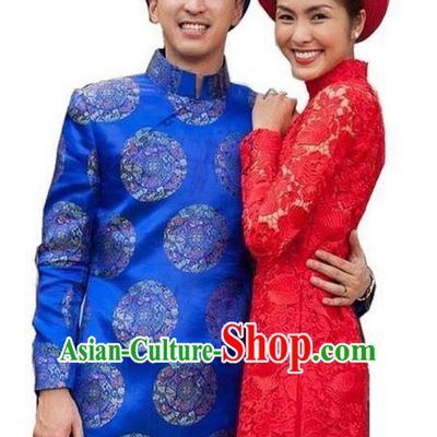 Top Grade Asian Vietnamese Traditional Dress, Vietnam National Ao Dai Dress, Vietnam Bridegroom Bride Red Lace Cheongsam Wedding Clothing for Women for Men