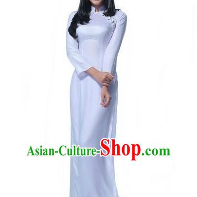 Top Grade Asian Vietnamese Traditional Dress, Vietnam National Young Lady Ao Dai Dress, Vietnam Bride White Cheongsam and Pants Wedding Clothing for Women