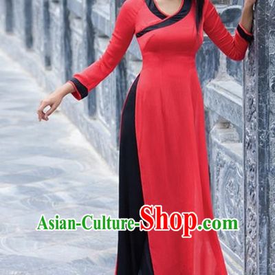 Top Grade Asian Vietnamese Traditional Dress, Vietnam National Young Lady Ao Dai Dress, Vietnam Bride Red Cheongsam and Pants Clothing Complete Set for Women