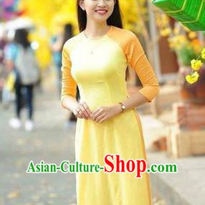 Top Grade Asian Vietnamese Traditional Dress, Vietnam National Young Lady Ao Dai Dress, Vietnam Bride Yellow Cheongsam and Pants Clothing Complete Set for Women