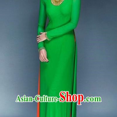 Top Grade Asian Vietnamese Traditional Dress, Vietnam National Young Lady Ao Dai Dress, Vietnam Bride Green Cheongsam and Pants Complete Set for Women