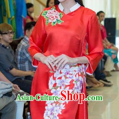 Top Grade Asian Vietnamese Traditional Dress, Vietnam National Young Lady Ao Dai Dress, Vietnam Bride Red Cheongsam Printing Blouse for Women