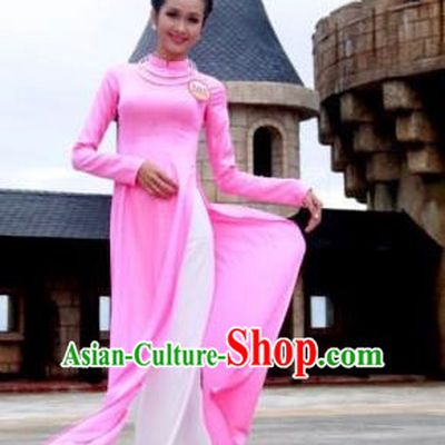 Top Grade Asian Vietnamese Traditional Dress, Vietnam National Young Lady Ao Dai Dress, Vietnam Bride Pink Cheongsam and Pants Complete Set for Women