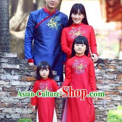 Top Grade Asian Vietnamese Traditional Dress, Vietnam National Family Ao Dai Dress, Vietnam Parent-child Outfit Cheongsam Clothing Complete Set