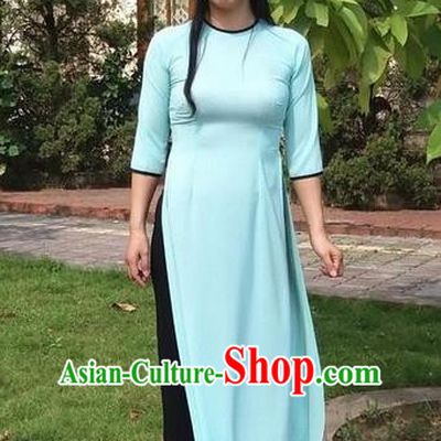 Top Grade Asian Vietnamese Traditional Dress, Vietnam National Young Lady Ao Dai Dress, Vietnam Bride Blue Cheongsam and Pants Complete Set for Women