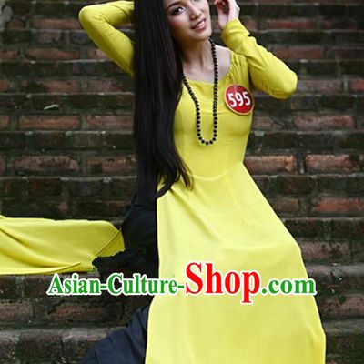 Top Grade Asian Vietnamese Traditional Dress, Vietnam National Young Lady Ao Dai Dress, Vietnam Bride Yellow Cheongsam and Pants Complete Set for Women