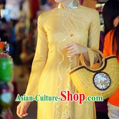 Top Grade Asian Vietnamese Traditional Dress, Vietnam National Young Lady Ao Dai Dress, Vietnam Queen Golden Cheongsam and Pants Complete Set for Women