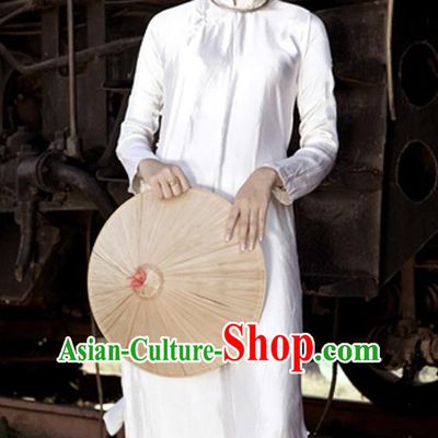 Top Grade Asian Vietnamese Traditional Dress, Vietnam National Young Lady Ao Dai Dress, Vietnam Queen White Brocade Cheongsam and Pants Complete Set for Women