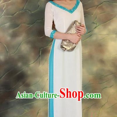 Top Grade Asian Vietnamese Traditional Dress, Vietnam National Young Lady Ao Dai Dress, Vietnam Queen White Cheongsam and Pants Complete Set for Women
