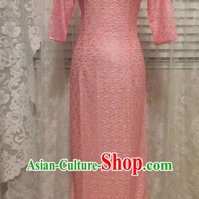 Top Grade Asian Vietnamese Traditional Dress, Vietnam National Young Lady Ao Dai Dress, Vietnam Lady Pink Lace Cheongsam for Women