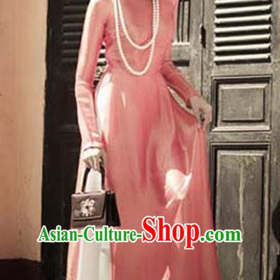 Top Grade Asian Vietnamese Traditional Dress, Vietnam National Young Lady Ao Dai Dress, Vietnam Lady Pink Cheongsam and Pants Complete Set for Women