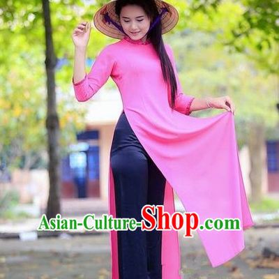 Top Grade Asian Vietnamese Traditional Dress, Vietnam National Young Lady Ao Dai Dress, Vietnam Princess Pink Cheongsam Dress for Women