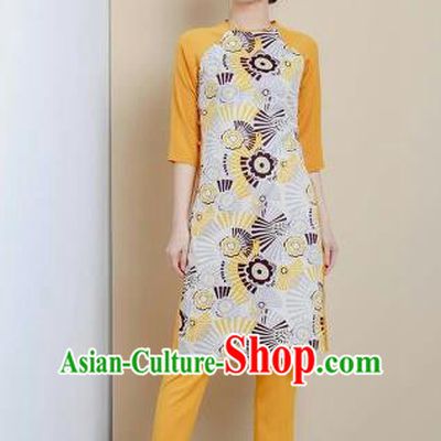 Top Grade Asian Vietnamese Traditional Dress, Vietnam National Young Lady Ao Dai Dress, Vietnam Princess Printing Cheongsam Dress and Pants for Women