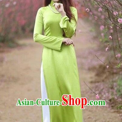 Top Grade Asian Vietnamese Traditional Dress, Vietnam National Young Lady Ao Dai Dress, Vietnam Princess Green Cheongsam Dress and Pants for Women