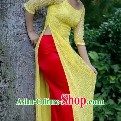 Top Grade Asian Vietnamese Traditional Dress, Vietnam National Young Lady Ao Dai Dress, Vietnam Princess Yellow Lace Cheongsam Dress and Pants for Women