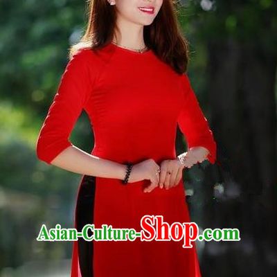 Top Grade Asian Vietnamese Traditional Dress, Vietnam National Young Lady Ao Dai Dress, Vietnam Princess Bride Red Cheongsam Dress and Pants for Women