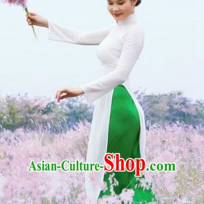 Top Grade Asian Vietnamese Traditional Dress, Vietnam National Dowager Ao Dai Dress, Vietnam White Dress and Pants Cheongsam Clothing for Woman