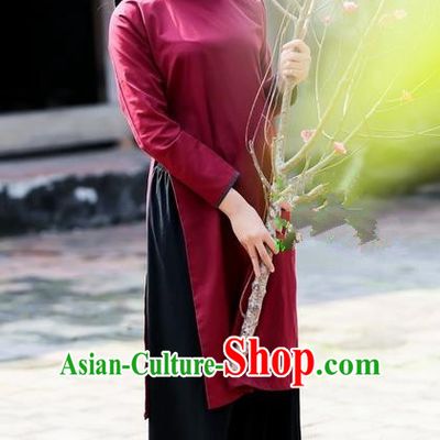 Top Grade Asian Vietnamese Traditional Dress, Vietnam National Dowager Ao Dai Dress, Vietnam Wine Red Cheongsam and Pants Clothing for Woman