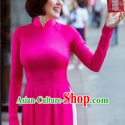 Top Grade Asian Vietnamese Traditional Dress, Vietnam National Dowager Ao Dai Dress, Vietnam Rose Ao Dai Cheongsam Dress and Pants for Woman