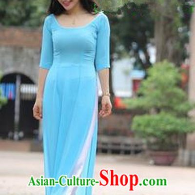 Top Grade Asian Vietnamese Traditional Dress, Vietnam National Dowager Ao Dai Dress, Vietnam Blue Ao Dai Cheongsam Dress and Pants for Woman