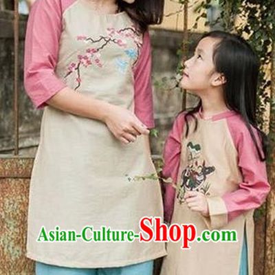 Top Grade Asian Vietnamese Traditional Dress, Vietnam National Farmwife Ao Dai Dress, Vietnam Embroider Plum blossom Ao Dai Cheongsam Mother-child Dress Clothing for Woman