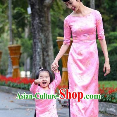 Top Grade Asian Vietnamese Traditional Dress, Vietnam National Farmwife Ao Dai Dress, Vietnam Pink Ao Dai Cheongsam Mother-child Dress Clothing for Woman