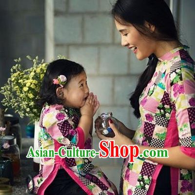 Top Grade Asian Vietnamese Traditional Dress, Vietnam National Farmwife Ao Dai Dress, Vietnam Ao Dai Cheongsam Mother-child Dress Clothing for Woman