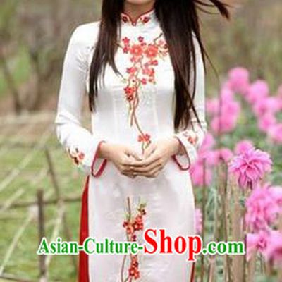 Top Grade Asian Vietnamese Traditional Dress, Vietnam National Farmwife Ao Dai Dress, Vietnam White Embroidered Ao Dai Cheongsam Dress Clothing for Woman